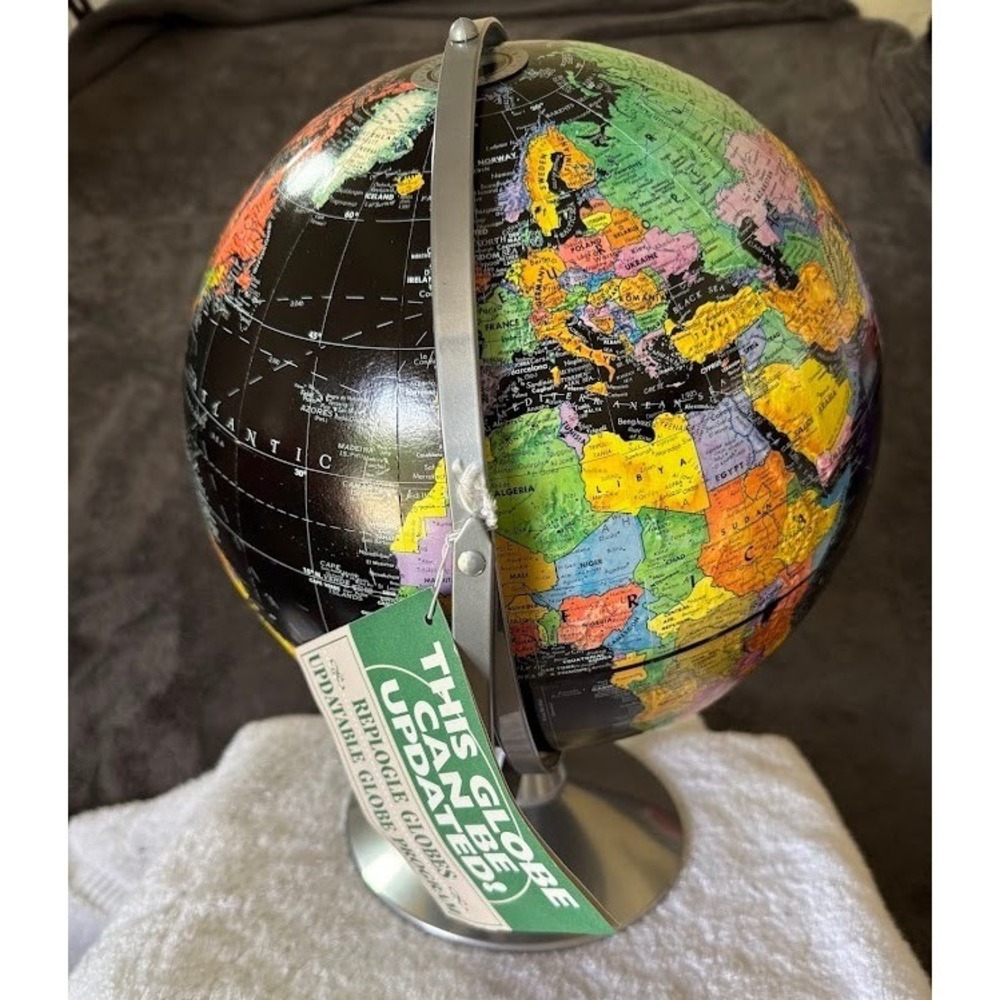 Replogle Desktop Globe Black Ocean Silver Base Updatable World Geography Decor